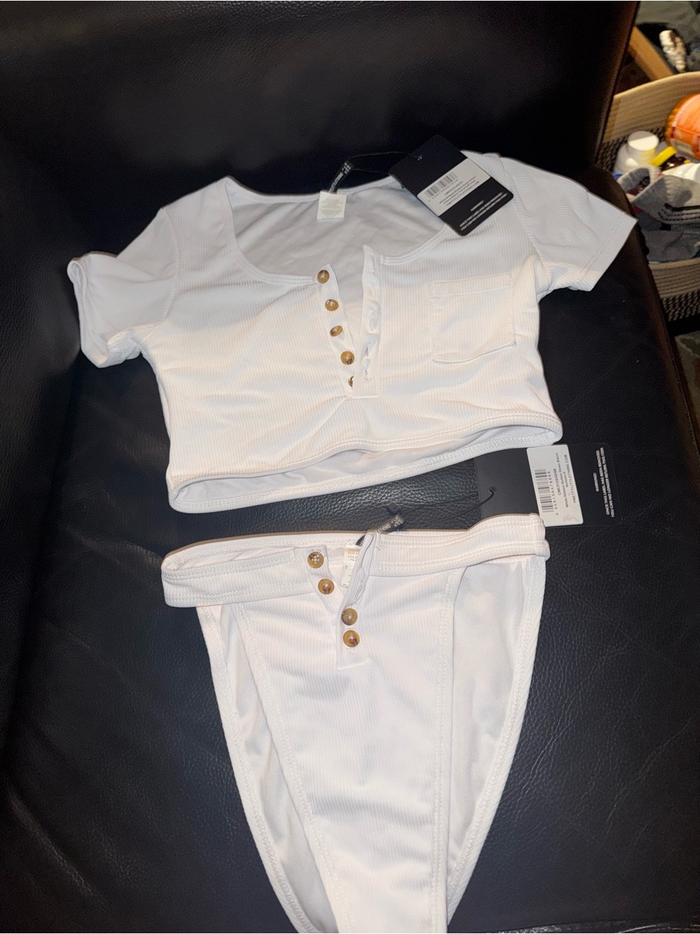 White Ribbed Button-Front Crop Top & High-Cut Bottom Bikini Set - Picture 4 of 8